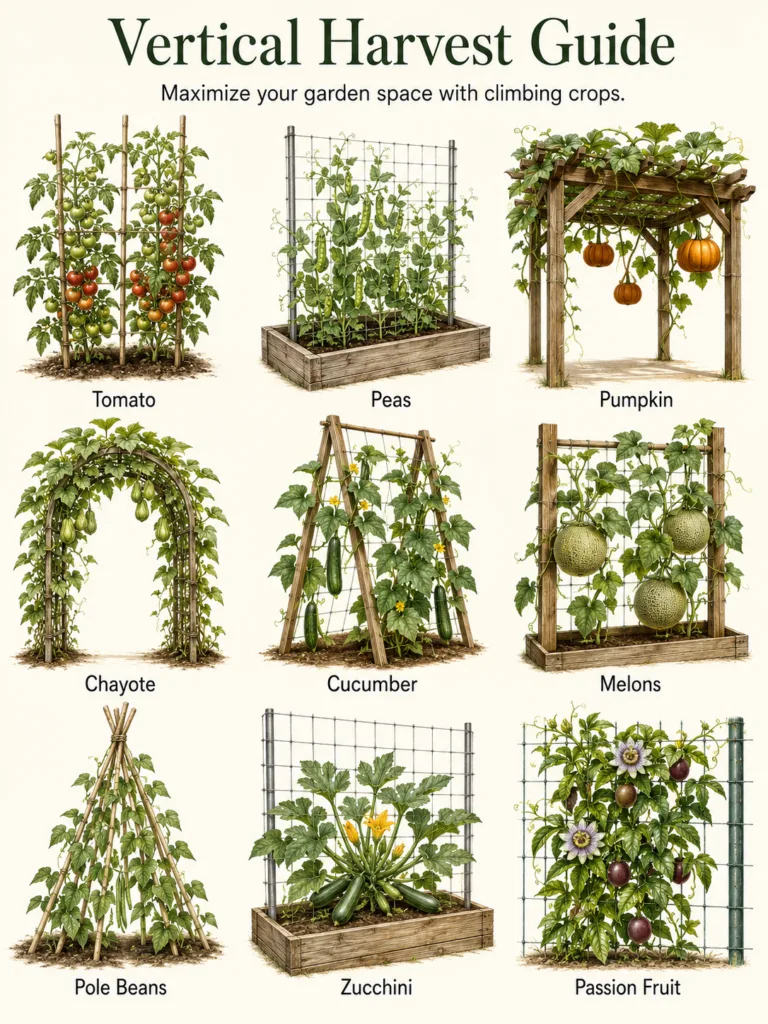 A visual guide illustrating nine different climbing crops like tomatoes peas pumpkins and melons each supported by a sui