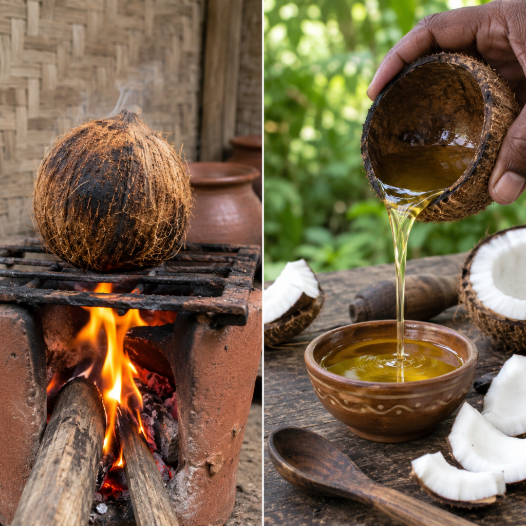 A diptych image showing the traditional process of making coconut oil a dark-brown coconut roasting over an open wood fi