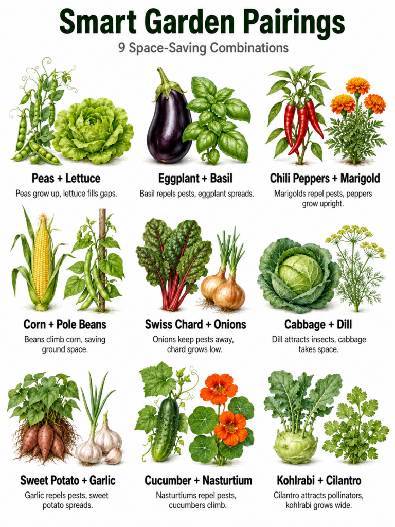 A visual infographic illustrating 9 different companion planting pairings for a vegetable garden arranged in a 3x3 grid 