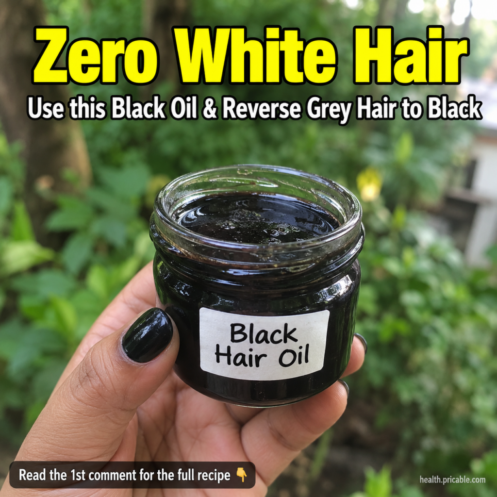 A hand holding a small clear glass jar filled with dark black hair oil The label on the jar says Black Hair Oil The back