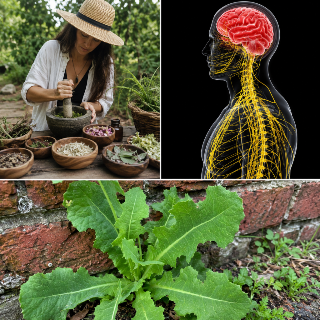 A vertical collage showing a woman preparing herbs a 3D medical illustration of the human nervous system and brain and a
