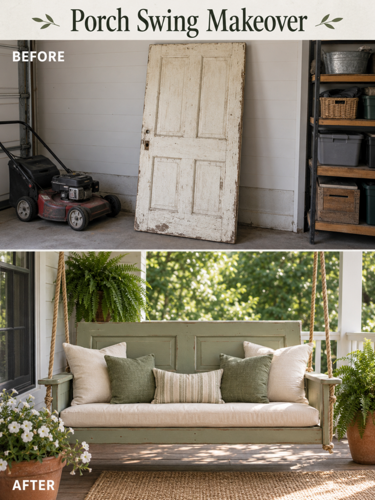 A beautiful sage green porch swing made from a repurposed old door adorned with cream and green pillows and a cushion It