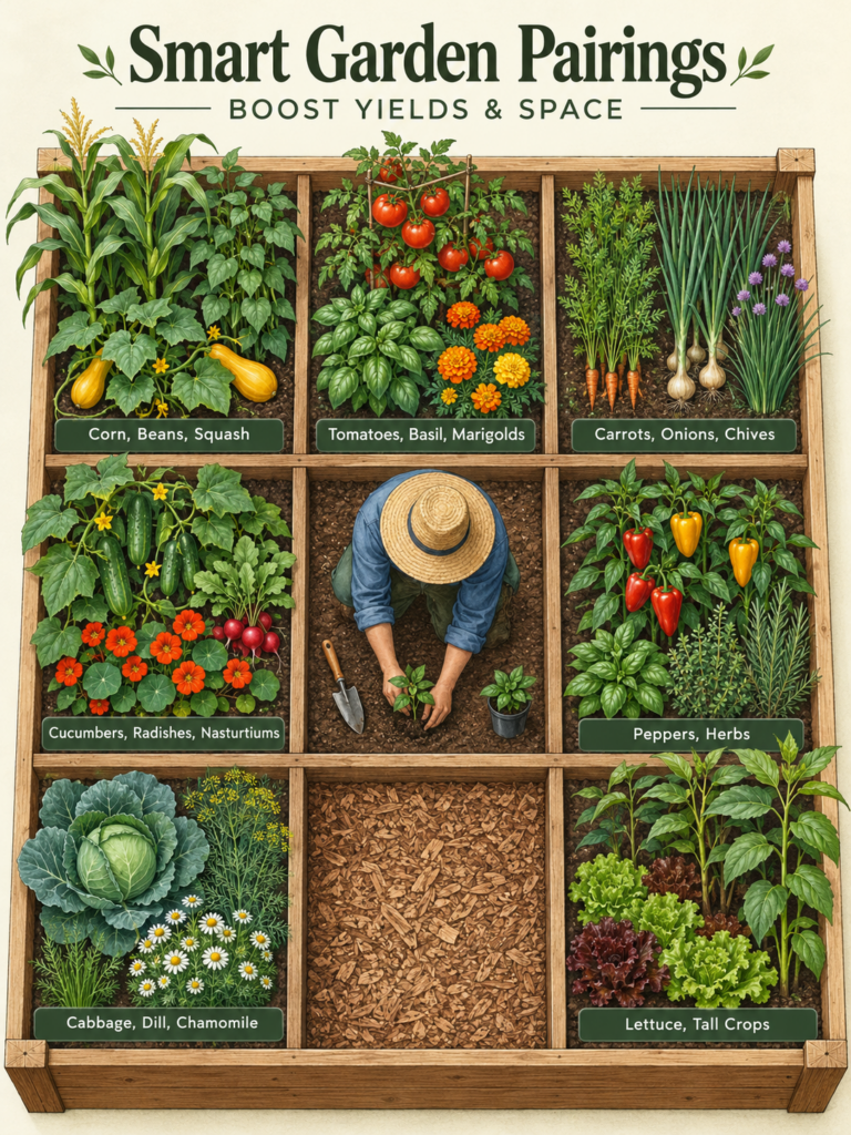 An illustration of a raised garden bed divided into a 3x3 grid showing various companion plant combinations like tomatoe