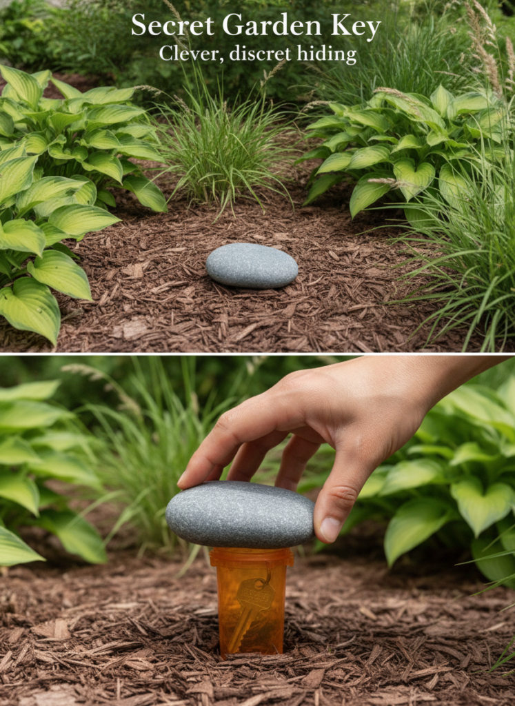 A two-panel image showing a gray river stone on mulch surrounded by hosta and ornamental grasses in the top panel and th