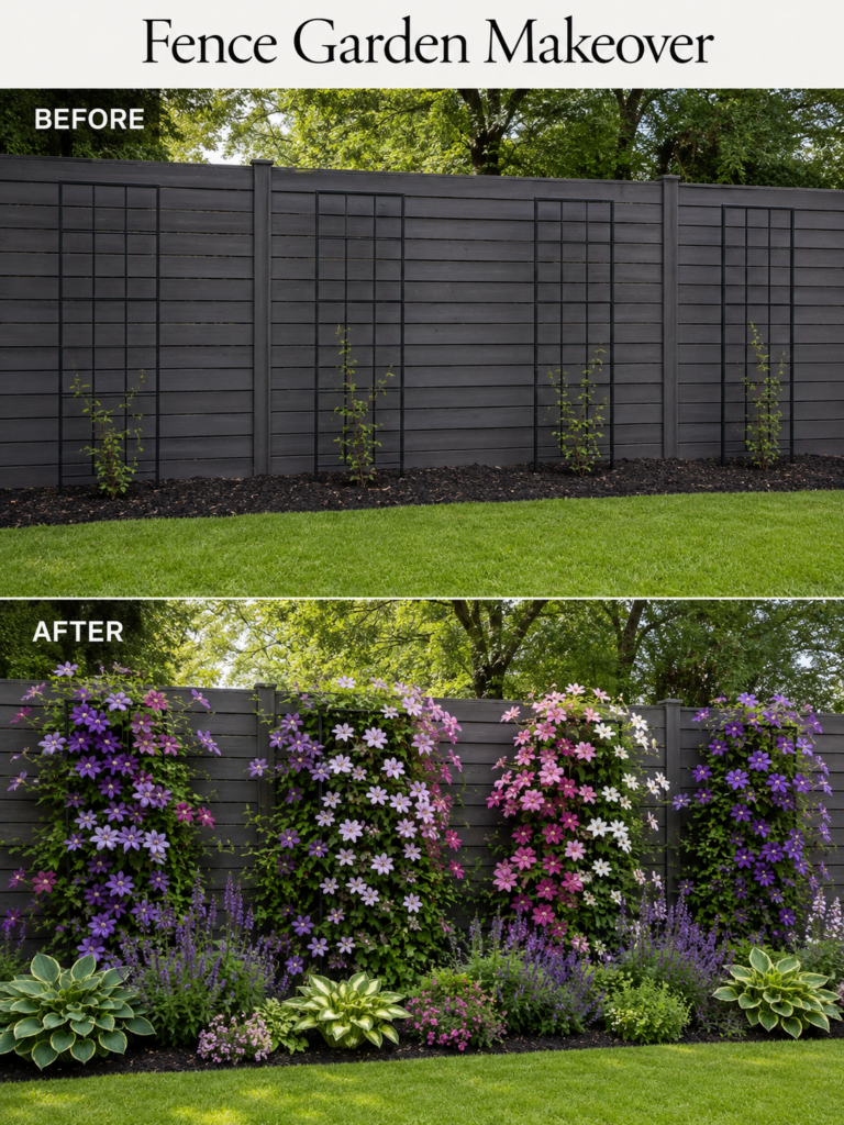 Before and after comparison of a fence garden makeover The BEFORE shows a plain dark grey fence with three black trellis
