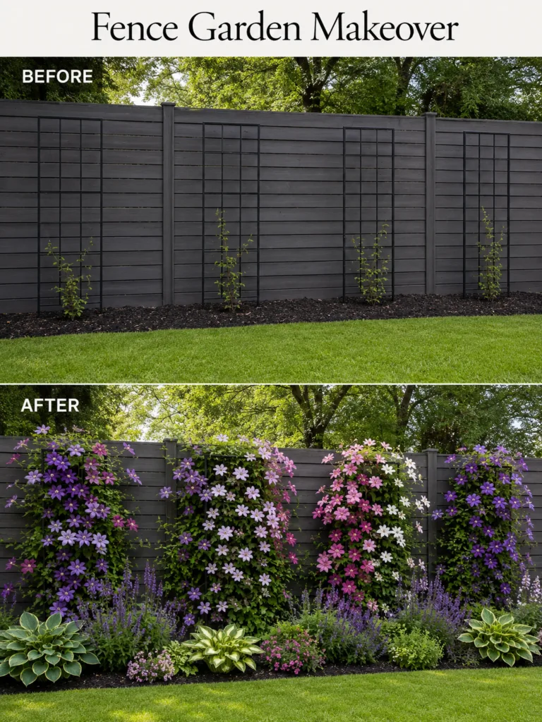 Before and after comparison of a fence garden makeover The BEFORE shows a plain dark grey fence with three black trellis