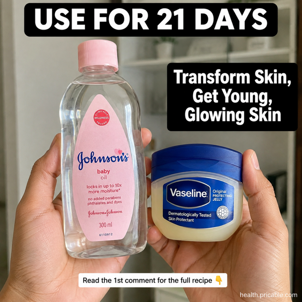 A pair of hands holding a bottle of Johnson s Baby Oil and a jar of Vaseline Original Protecting Jelly against a soft li
