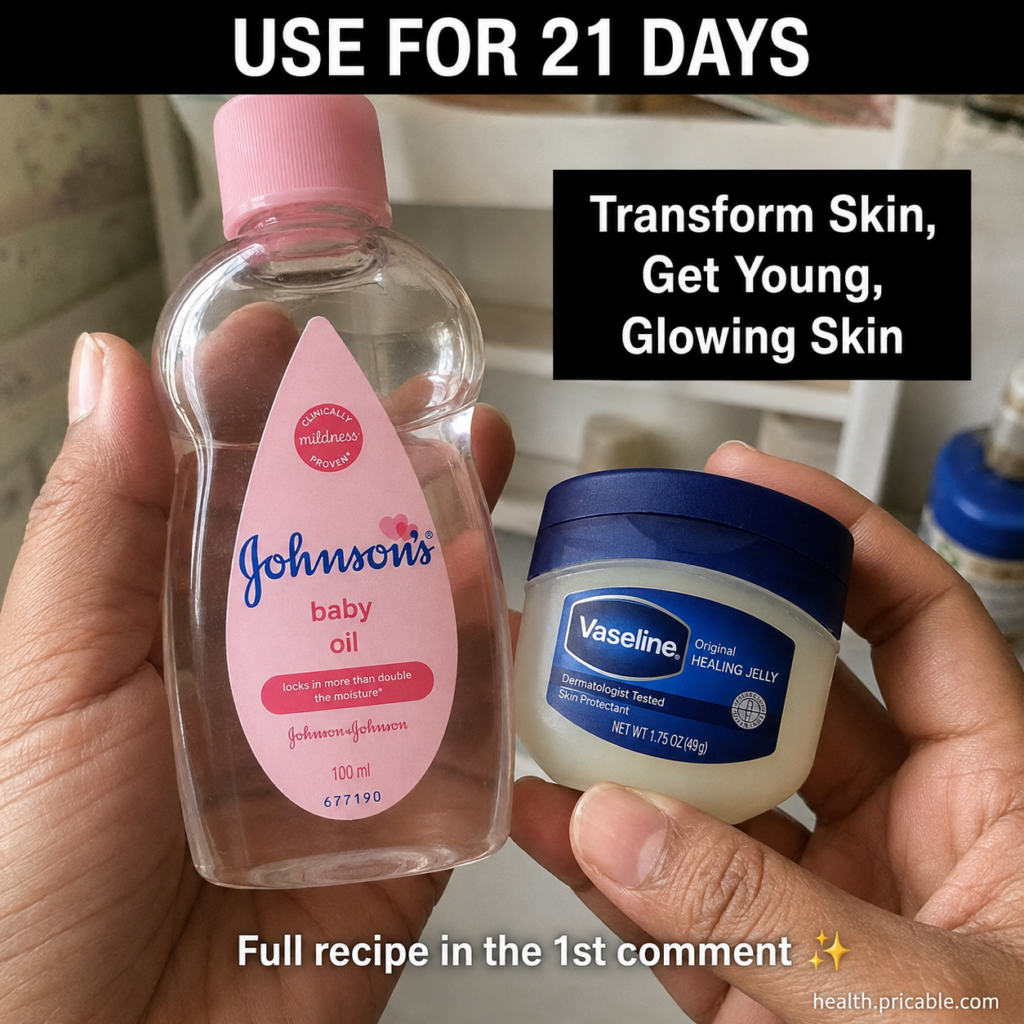 Hands holding a bottle of Johnson s Baby Oil and a jar of Vaseline implying a simple DIY beauty mix