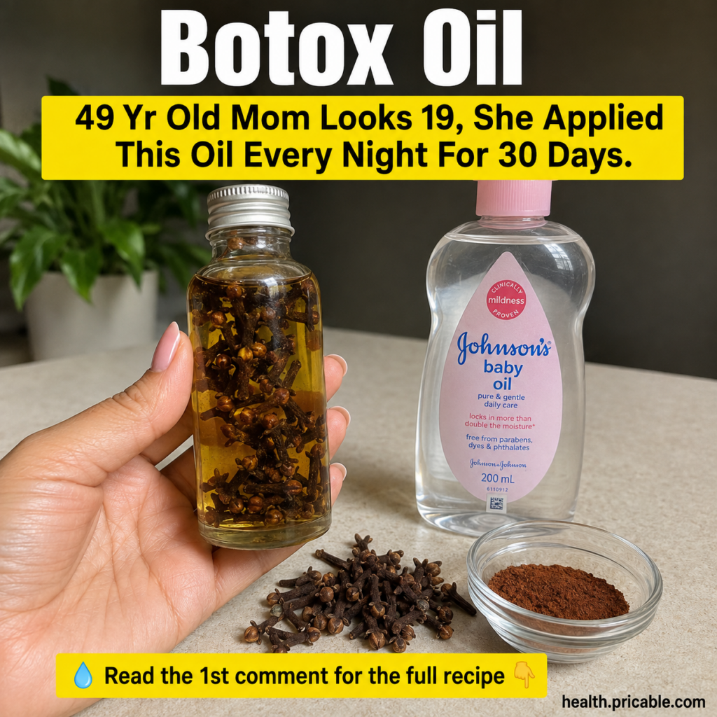 Ingredients for Botox Oil including a bottle of Johnson s Baby Oil whole cloves and a small bowl of reddish-brown powder