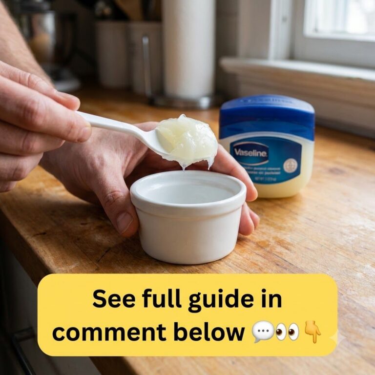 Hands preparing the DIY heel balm scooping translucent Vaseline into a small white ceramic bowl with a spoon on a warm w