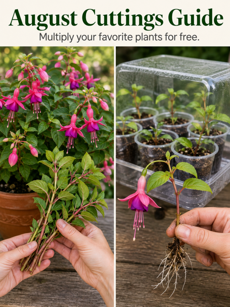 Hands holding fresh fuchsia plant cuttings and another pair of hands holding a rooted fuchsia cutting demonstrating plan