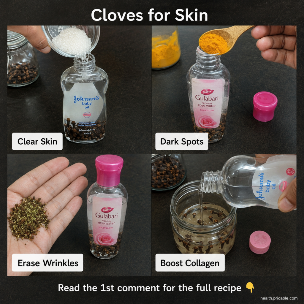 A visual representation of the four clove-based beauty remedies in a grid format as described in the source image