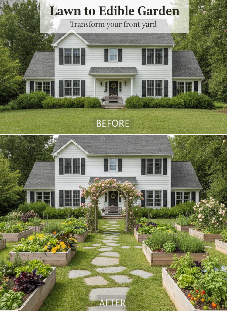 Before and after comparison of a front yard transforming from a traditional lawn to a beautiful edible garden with raise