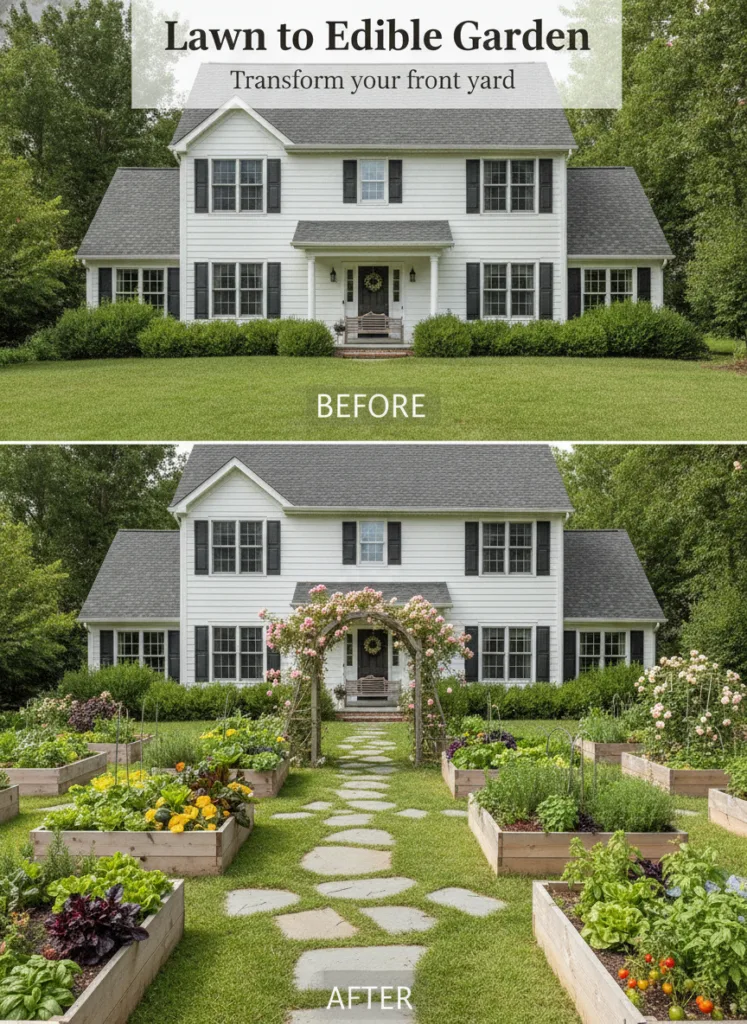 Before and after comparison of a front yard transforming from a traditional lawn to a beautiful edible garden with raise
