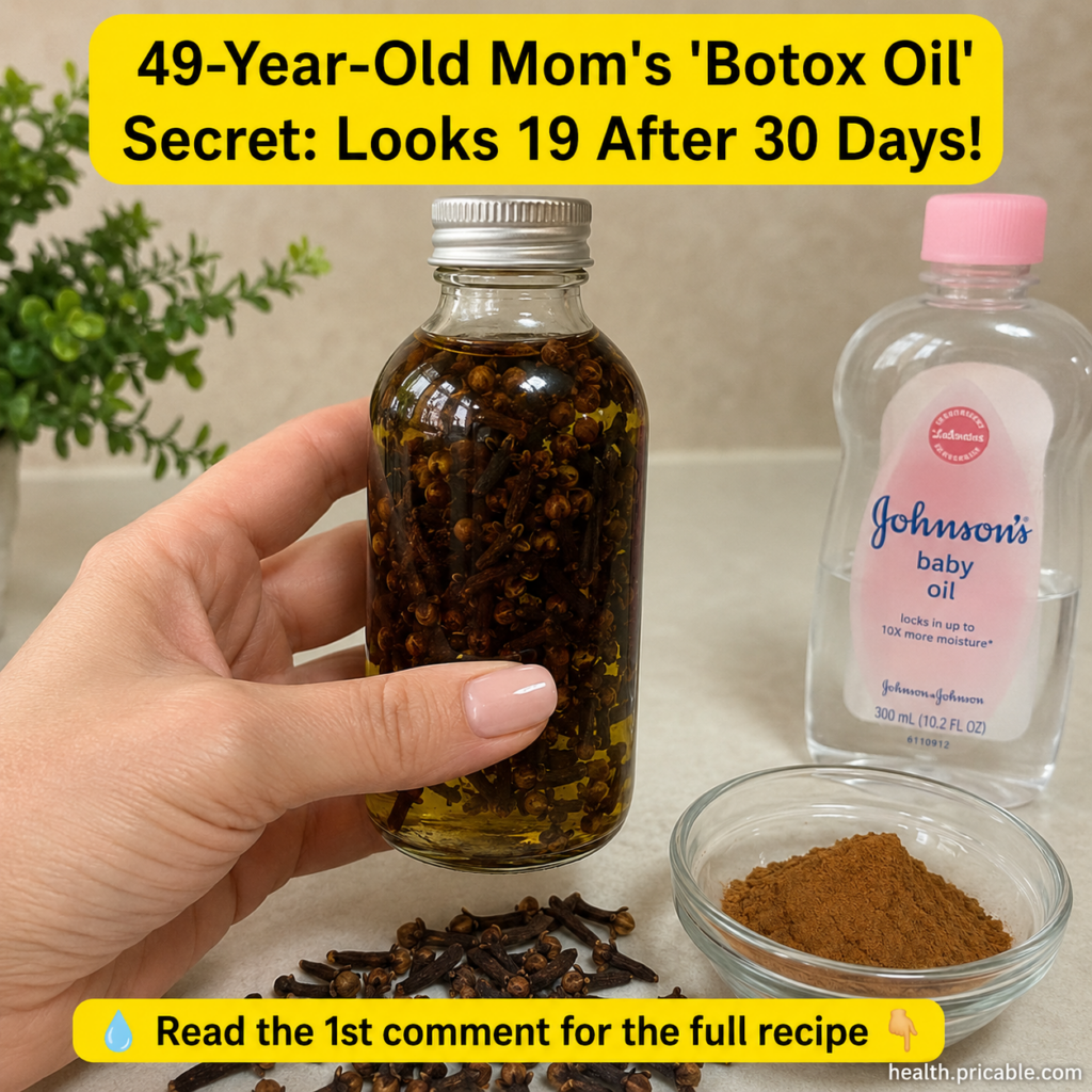 A hand holding a clear glass bottle filled with golden oil and dried cloves with a bottle of baby oil and a small bowl o