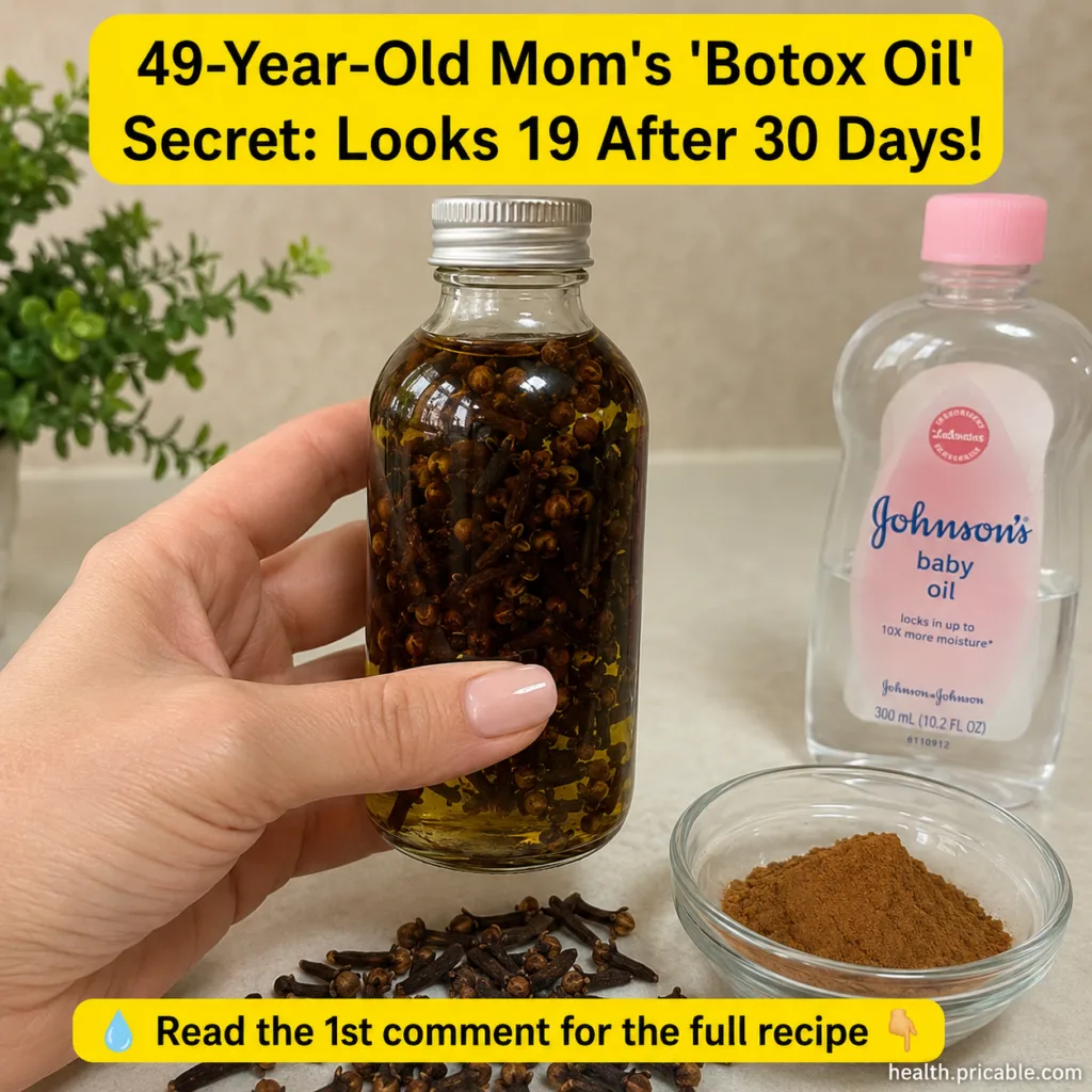 A hand holding a clear glass bottle filled with golden oil and dried cloves with a bottle of baby oil and a small bowl o