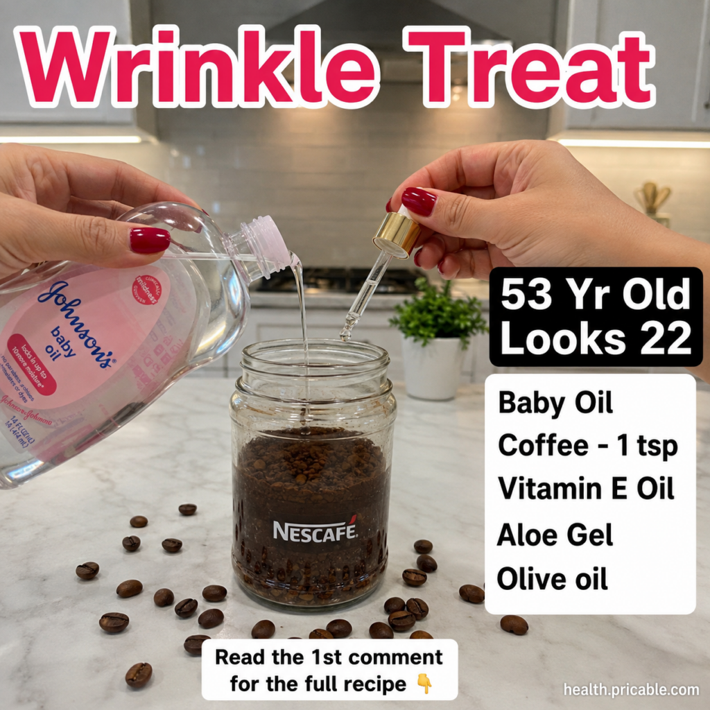 Hands mixing instant coffee granules baby oil vitamin E oil aloe gel and olive oil in a small glass jar on a light kitch