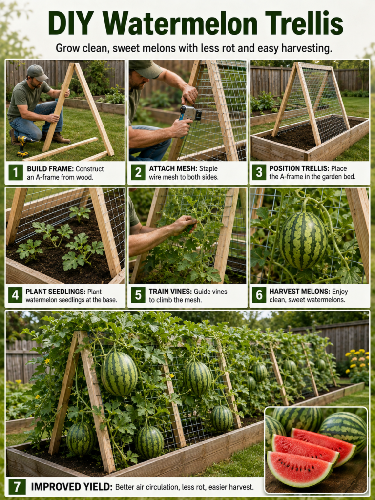 A visual step-by-step guide showing the construction of an A-frame trellis for watermelons followed by a wider shot of m