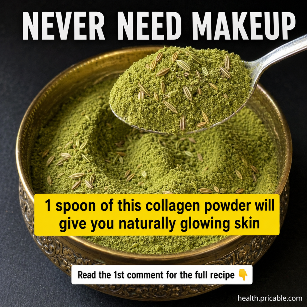 A brass bowl filled with vibrant olive-green powder with a silver spoon holding a small amount of the powder lightly spr