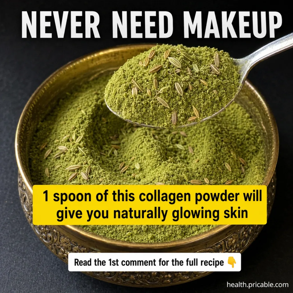 A brass bowl filled with vibrant olive-green powder with a silver spoon holding a small amount of the powder lightly spr