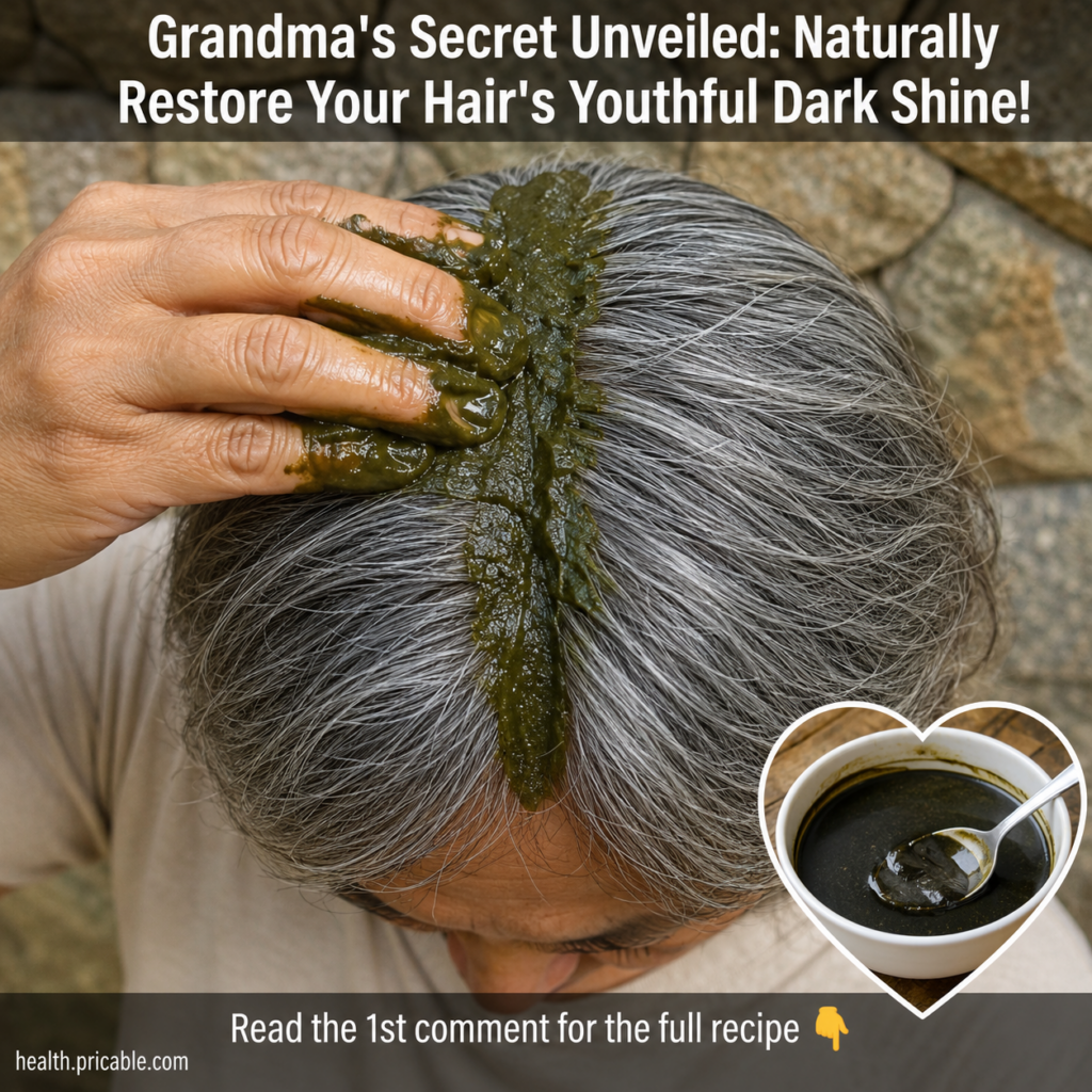 A close-up of a hand applying a dark green black herbal paste to grey hair on a scalp with a white bowl of the paste and