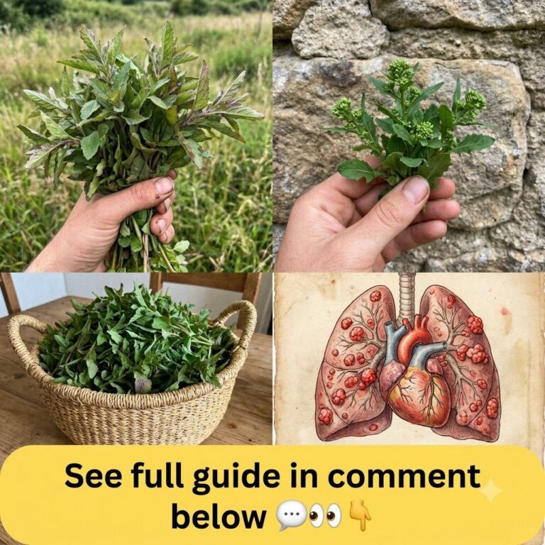 A four-panel collage showing a hand holding fresh green herbs another hand with herb clusters against a stone wall a wic