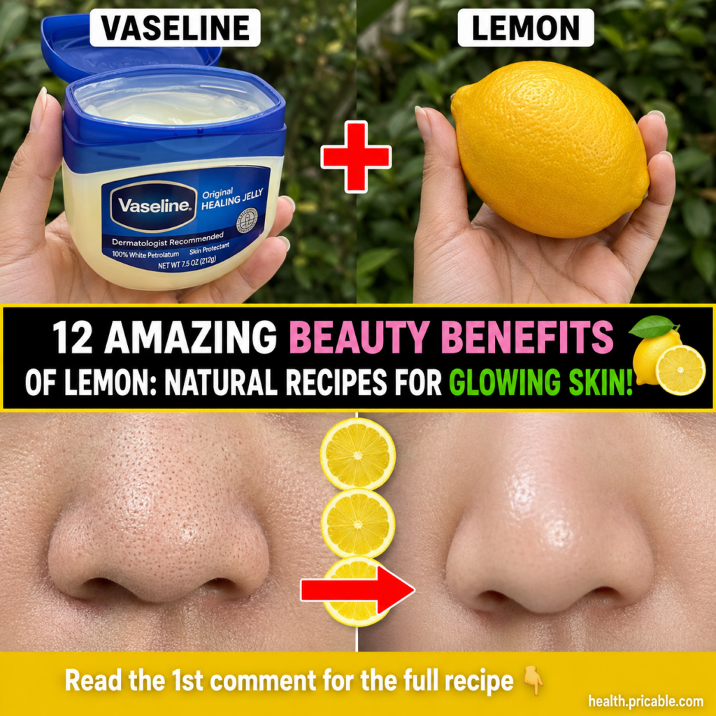 A split image showing a hand holding a jar of petroleum jelly on one side and a hand holding a lemon on the other with a