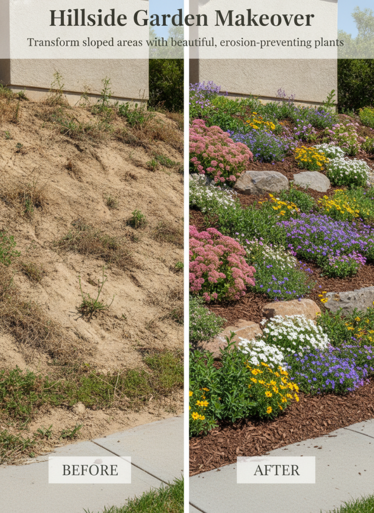Before and after comparison of a hillside garden makeover The BEFORE side shows a dry barren sandy slope with sparse wee
