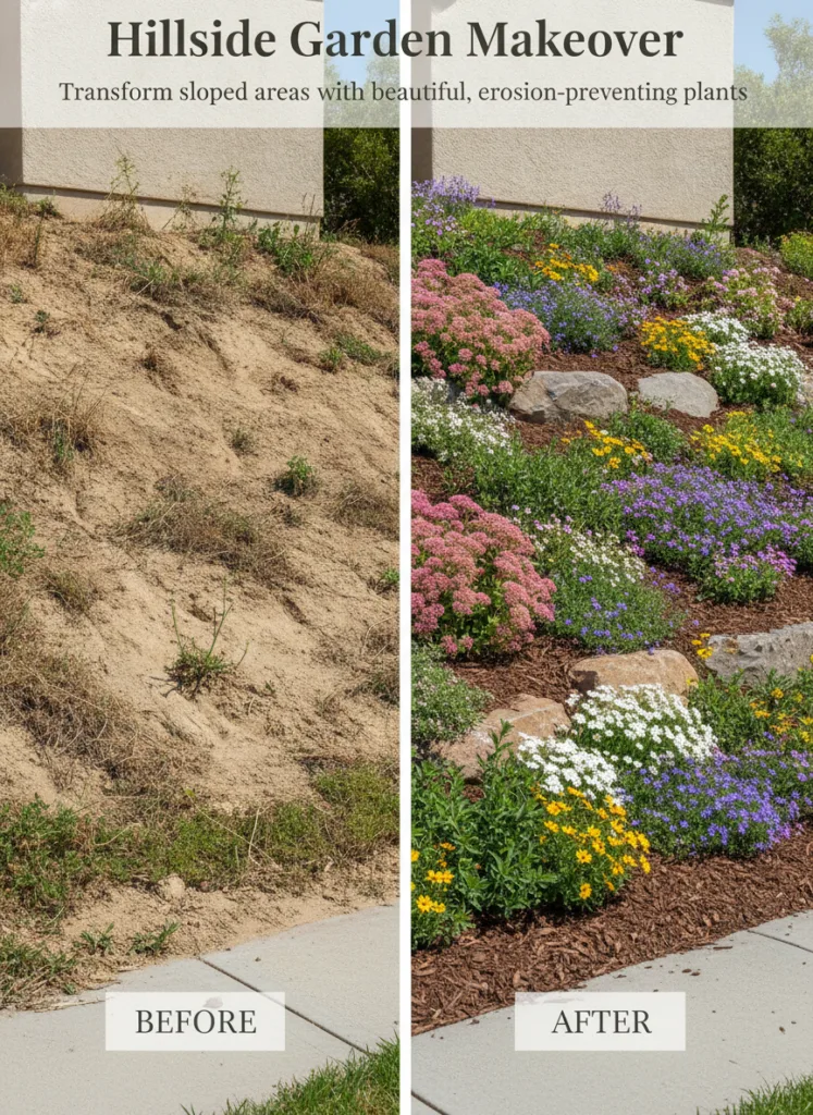 Before and after comparison of a hillside garden makeover The BEFORE side shows a dry barren sandy slope with sparse wee