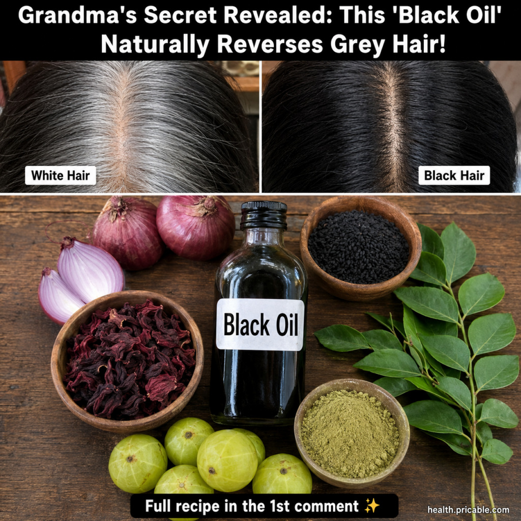 Before and after comparison of grey hair turning black surrounded by various natural ingredients like onions hibiscus am