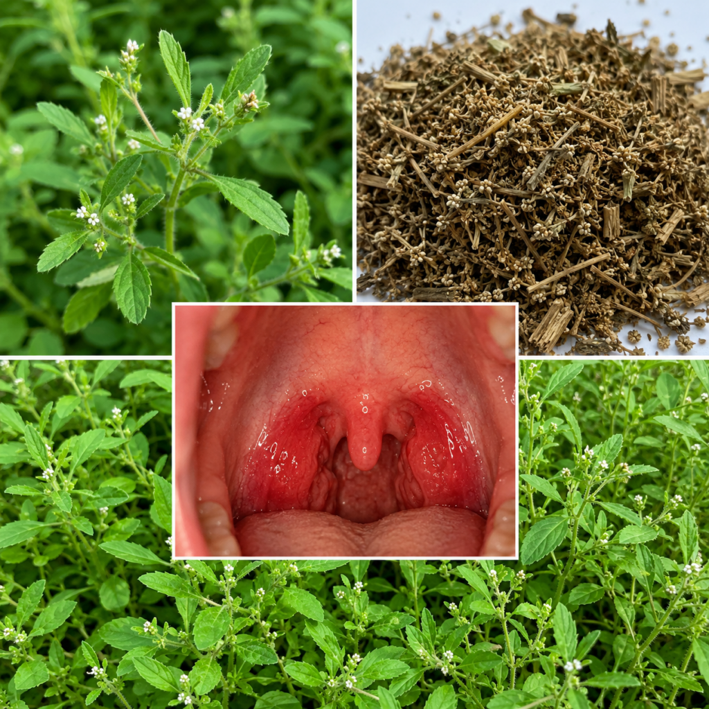 A five-panel collage showing a red inflamed human throat in the center surrounded by images of fresh Phyla nodiflora fro