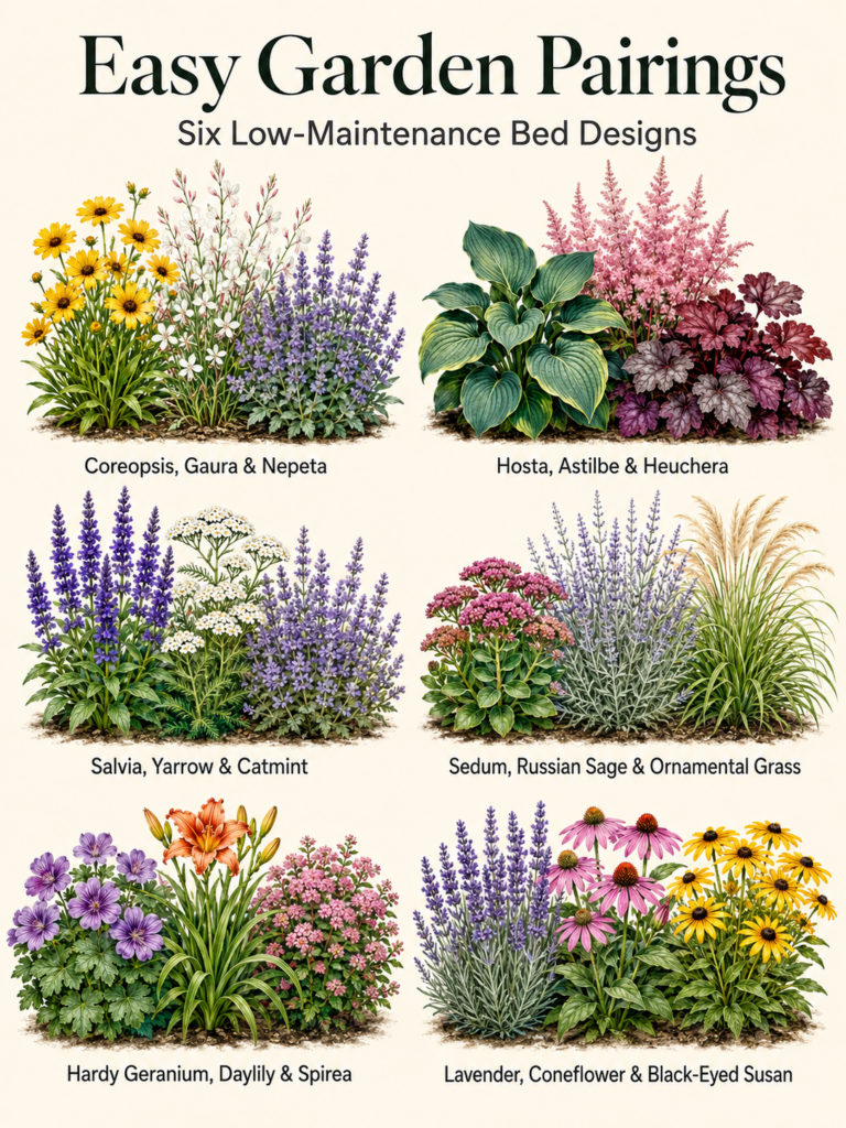 An illustrated guide showing six low-maintenance garden bed designs each featuring 3-4 different plants like Coreopsis N
