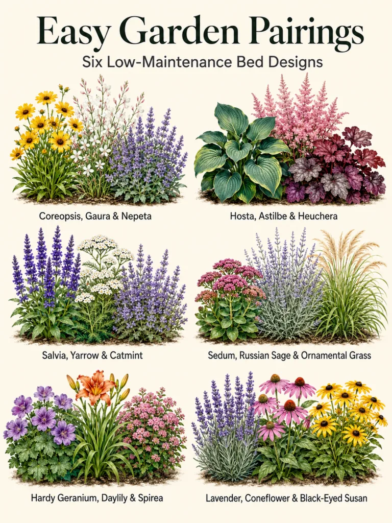 An illustrated guide showing six low-maintenance garden bed designs each featuring 3-4 different plants like Coreopsis N