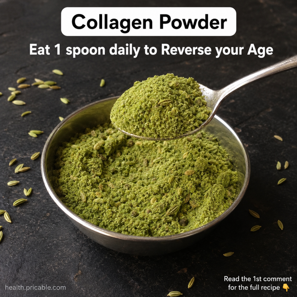 A metallic bowl filled with vibrant green beauty powder with a silver spoon lifting a spoonful Scattered around the bowl