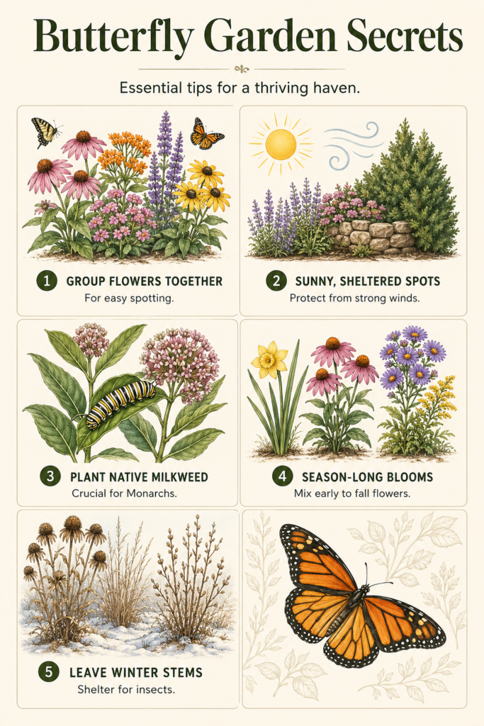 An educational infographic titled Butterfly Garden Secrets with five panels of tips and one large illustration of a mona