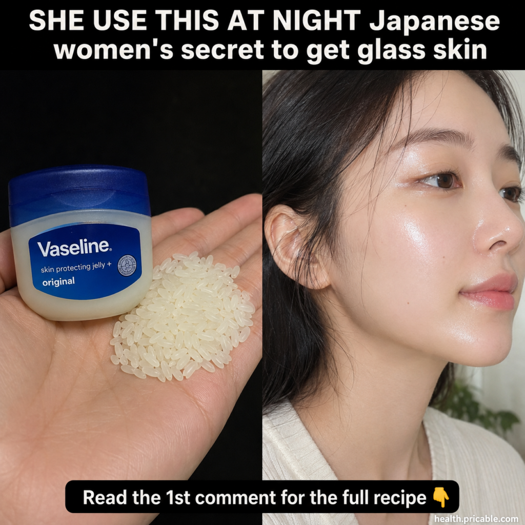 A split image showing a jar of Vaseline and a pile of white rice on one side and a woman with radiant glass skin on the