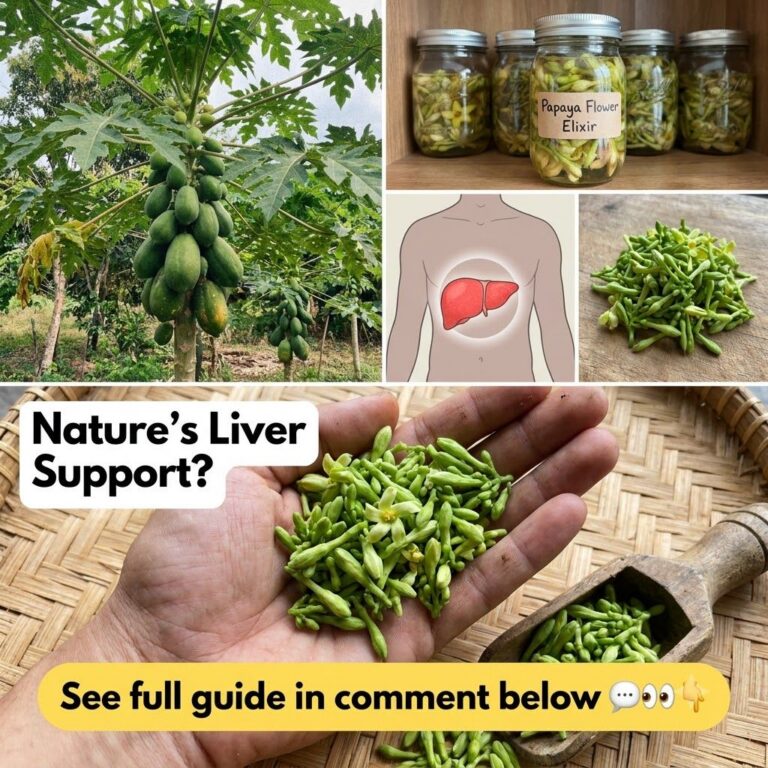 A detailed collage showing papaya flowers for liver support featuring a papaya tree Papaya Flower Elixir jars an anatomi