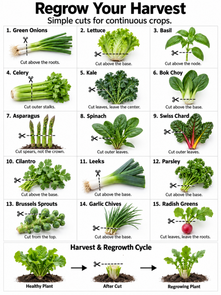 An infographic showing 15 different vegetables and herbs with instructions on where to cut them to encourage regrowth Th