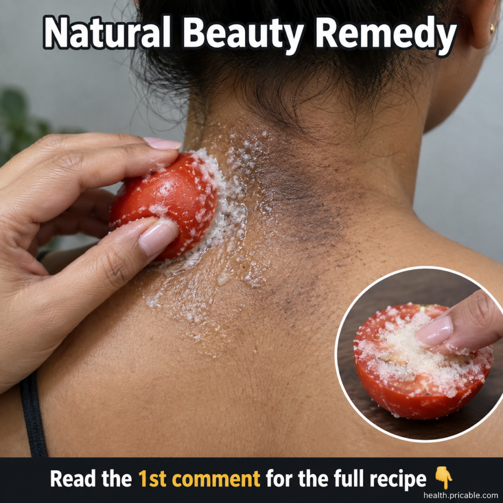 A close-up of a hand gently rubbing a half-cut red tomato covered in white sugar crystals onto the skin of a person s ne