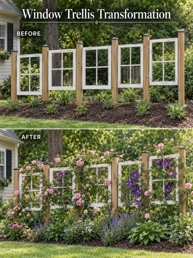 A BEFORE and AFTER comparison showing old white window frames mounted as a horizontal trellis in a garden bed The BEFORE