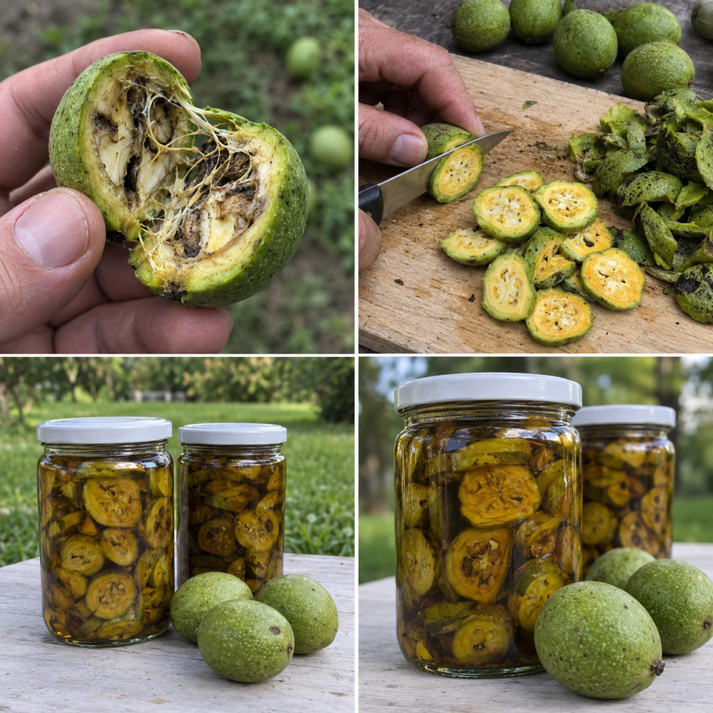A four-panel collage showing the preparation of green walnuts Top-left A hand holding a halved green walnut Top-right Ha