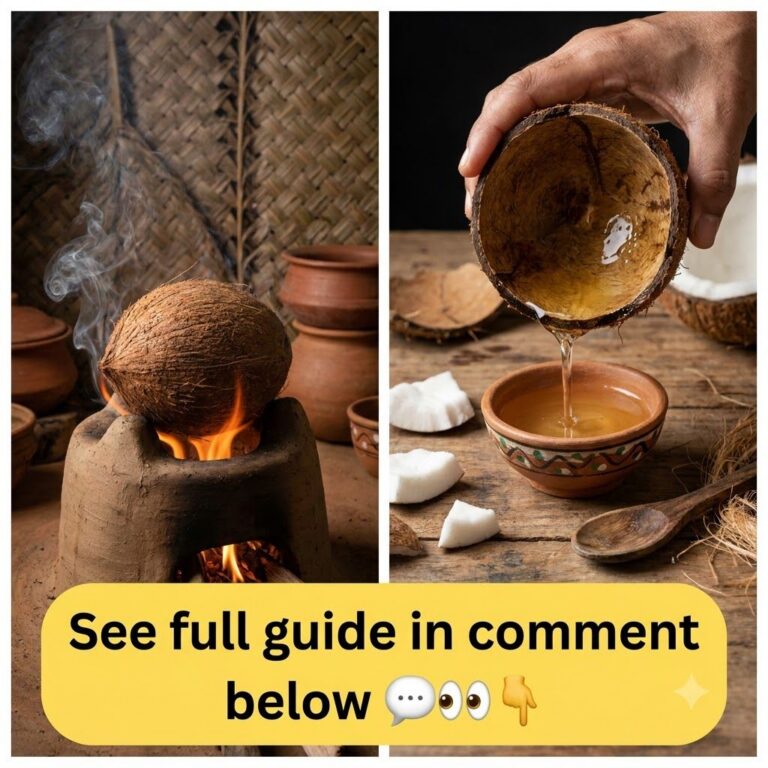 A diptych showing traditional coconut oil extraction The left panel features a whole coconut heating over an open flame 