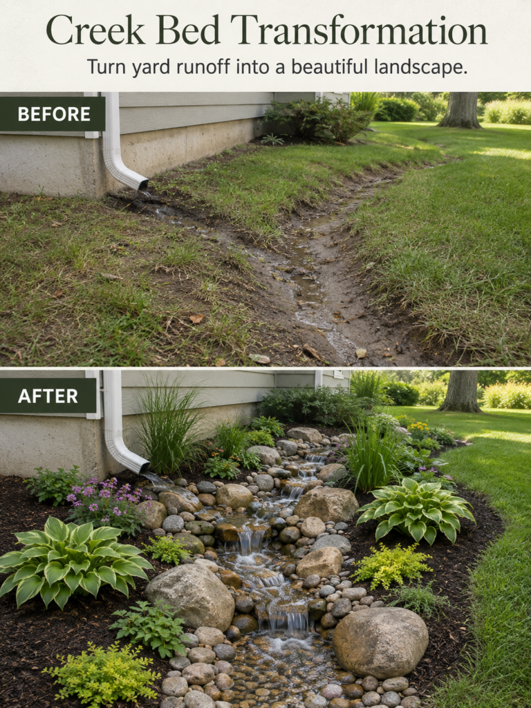 A before and after comparison image showing a muddy eroded yard transformed into a beautiful dry creek bed with ornament