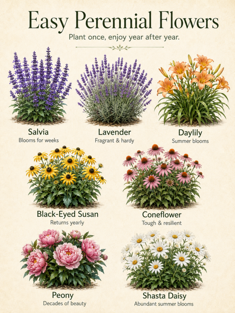 A beautiful graphic showcasing illustrations of seven different easy perennial flowers with their common names and benef