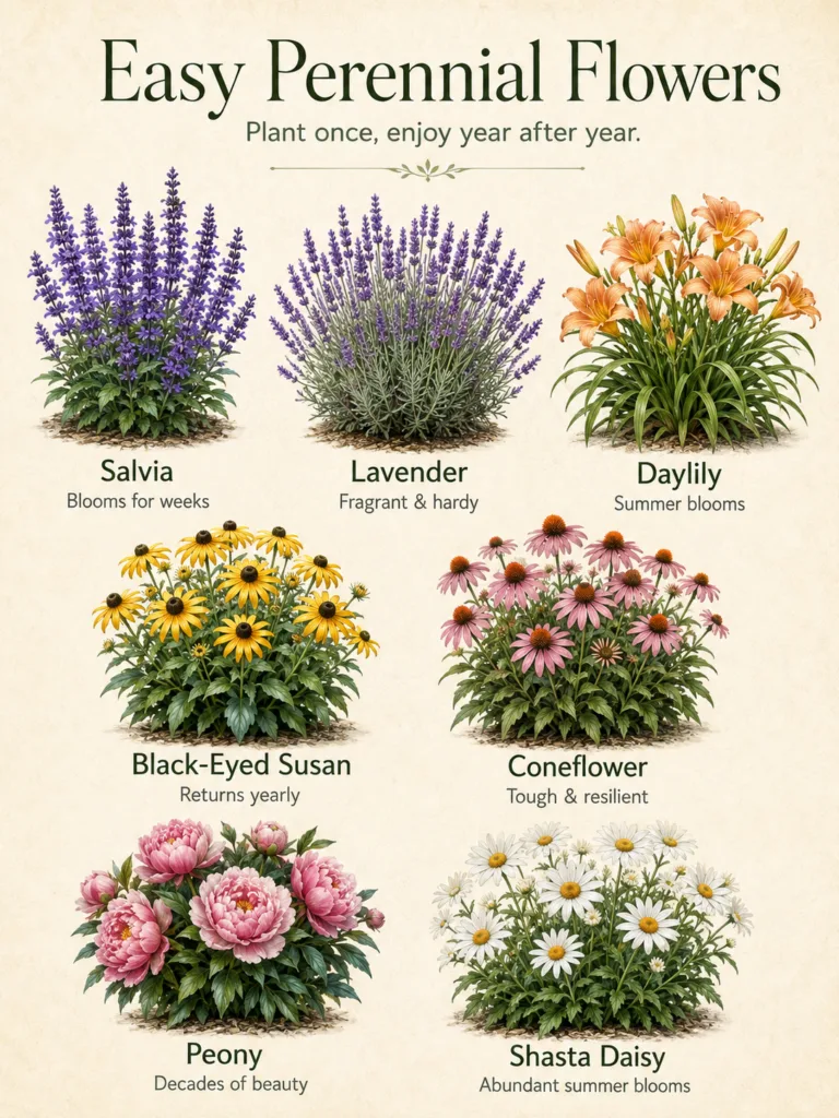 A beautiful graphic showcasing illustrations of seven different easy perennial flowers with their common names and benef