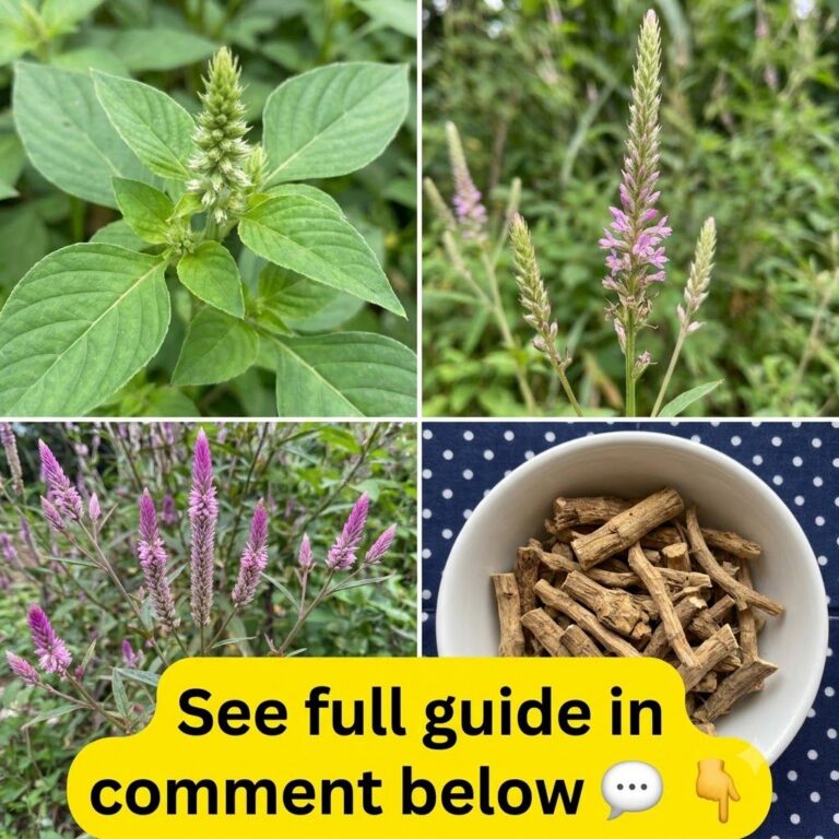 A four-panel collage showing the Prickly Chaff Root plant in different stages of growth including broad green leaves nas