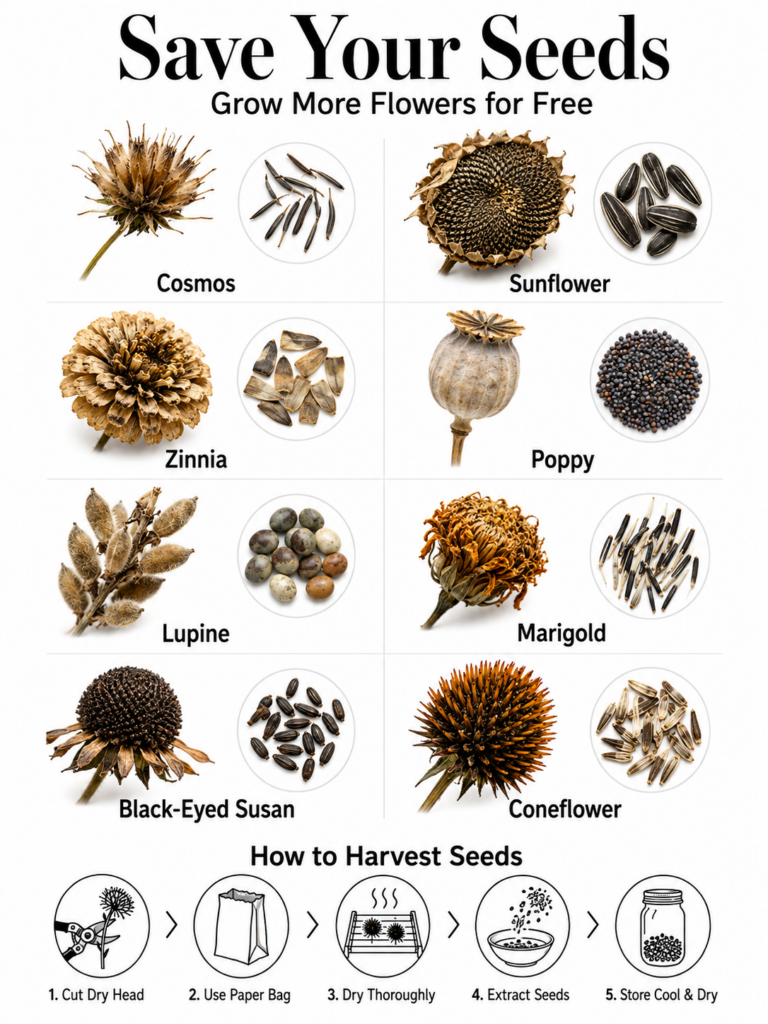 An infographic titled Save Your Seeds Grow More Flowers for Free showing eight types of dried flower seed heads with clo