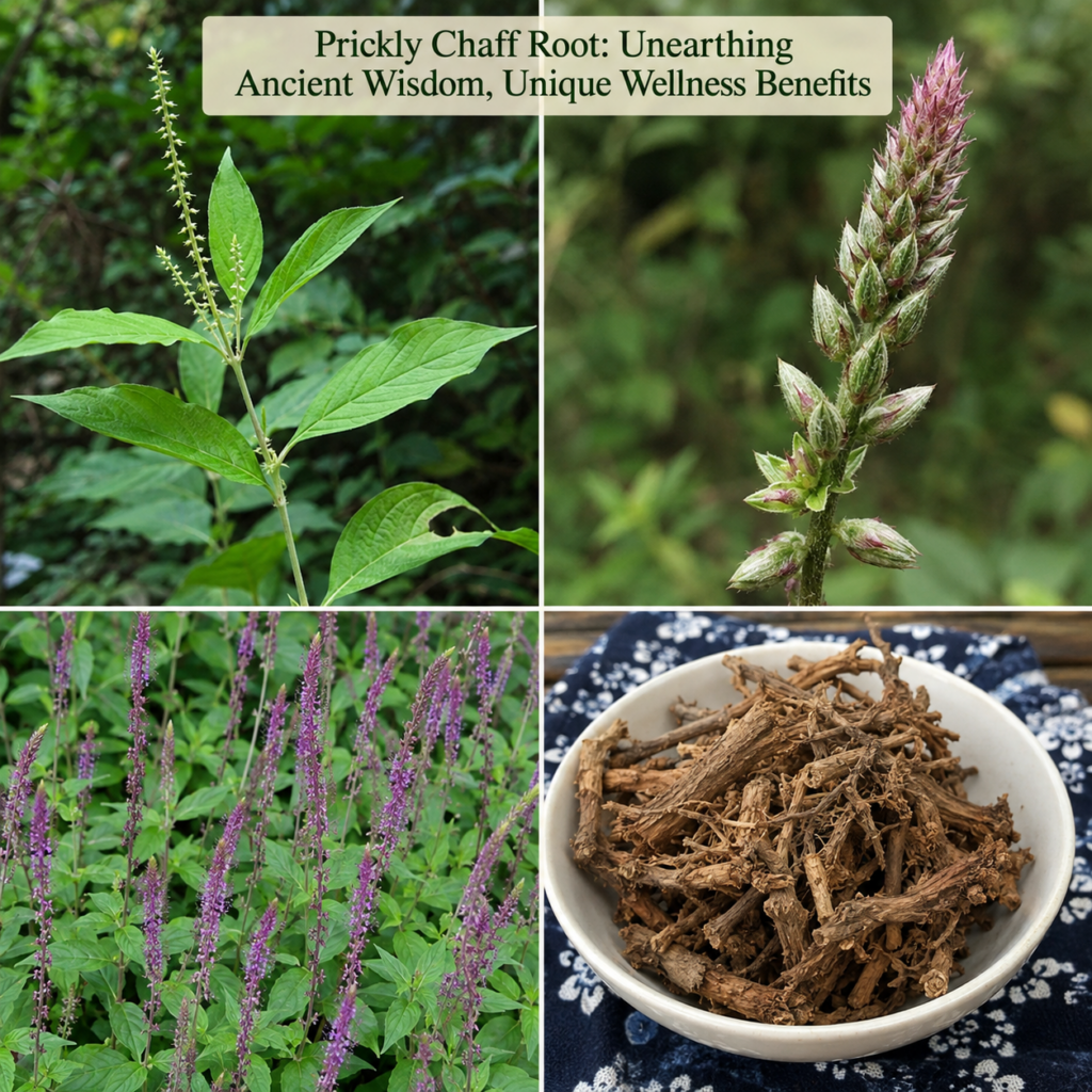 A four-panel collage showing a vibrant green Prickly Chaff Root plant a close-up of its flower seed head a dense field o