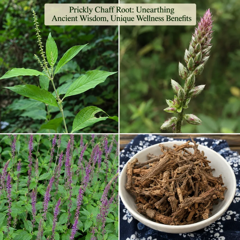 A four-panel collage showing a vibrant green Prickly Chaff Root plant a close-up of its flower seed head a dense field o