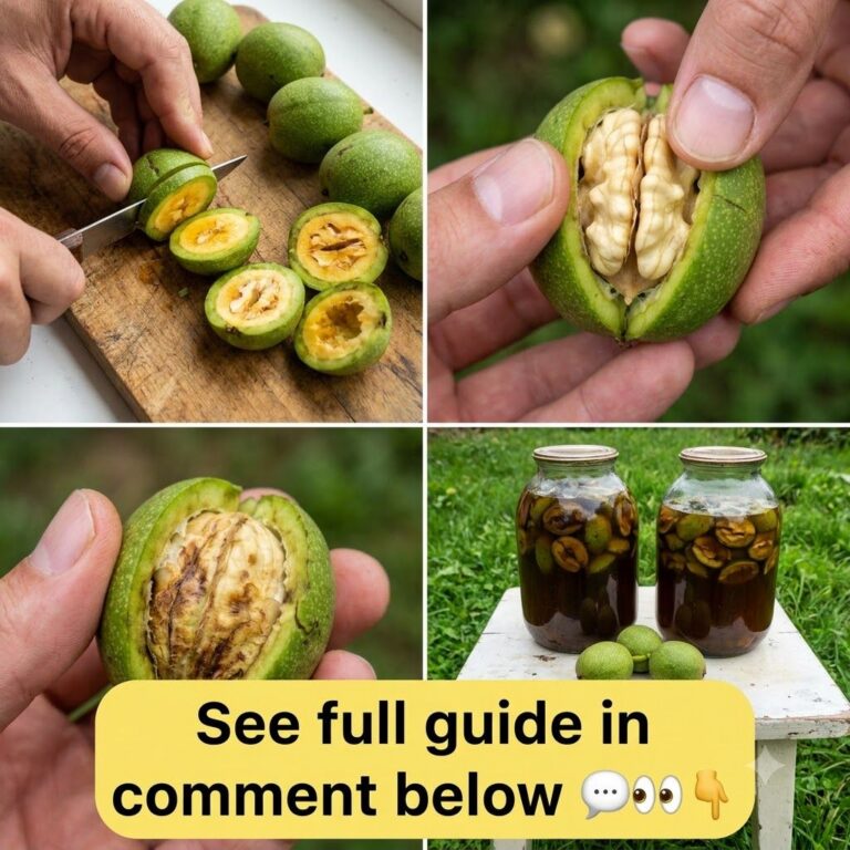 A four-panel collage showing the preparation of green walnuts hands slicing walnuts on a cutting board prying open a sin